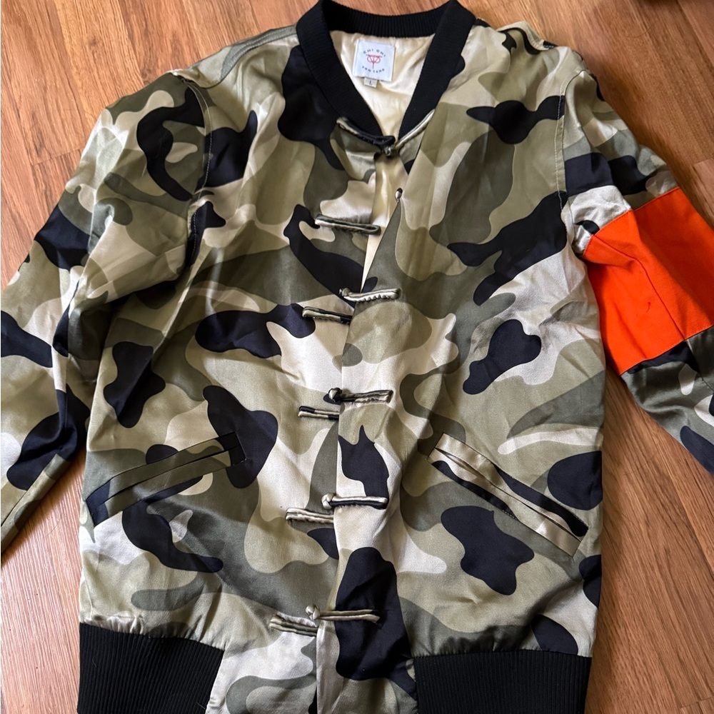 Chi Chi London Camouflage Bomber Jacket with Orange Accent